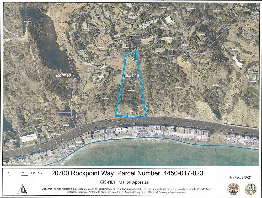 Parcel survey map showing the 2.1-acre boundary set against the Malibu coastline.